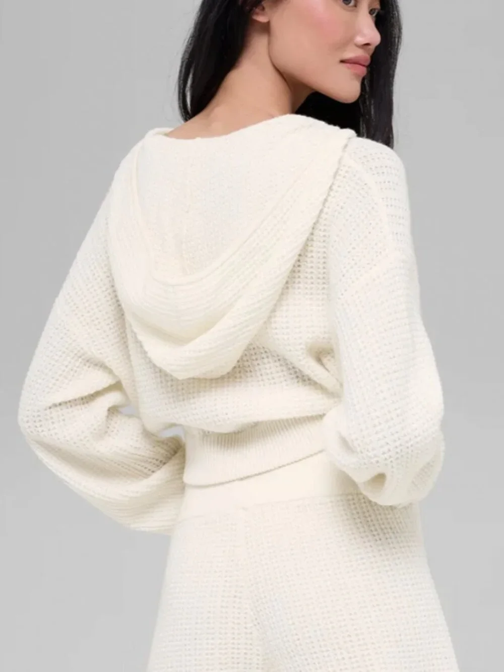 ALO Cashmere Plush Waffle Full Zip Hoodie, Ivory, size S